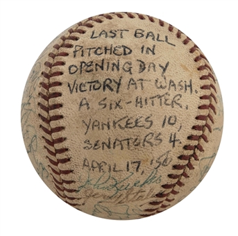 1956 World Champion New York Yankees Team Signed Game Used Baseball With 34 Signatures That Was Used For Final Out on Opening Day - 4/17/56 From Don Larsens Collection (JSA/Steiner)